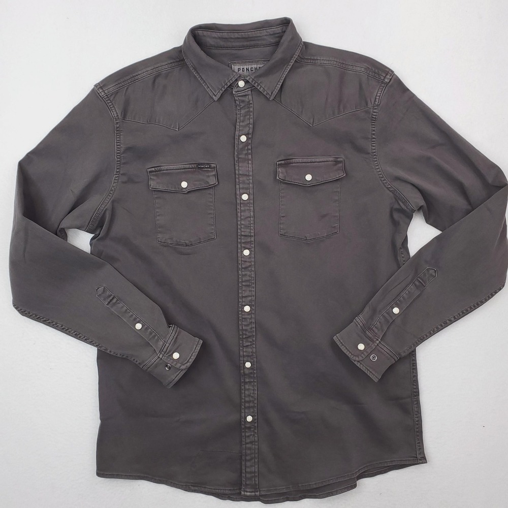 Poncho Shirt Mens Extra Large Gray Solid Twill Western Pearl Snap Long Sleeve